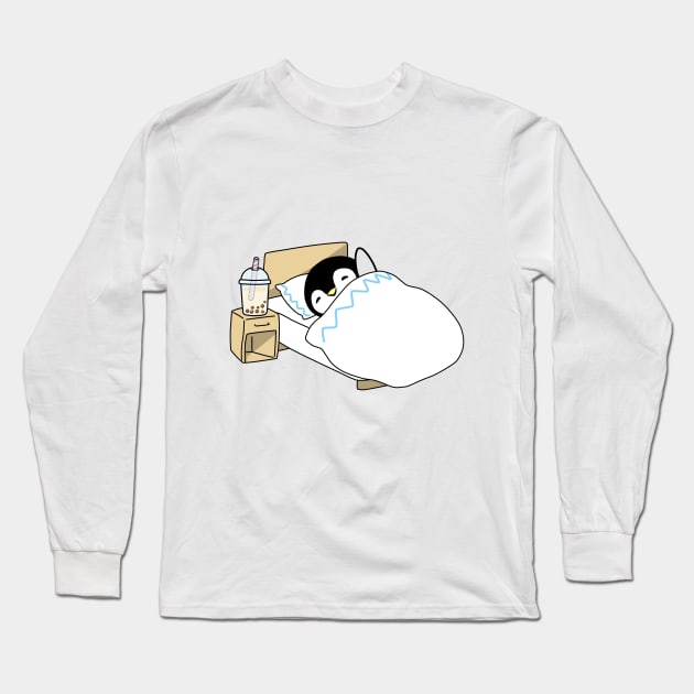 Little Penguin Chilling in Bed with some Boba! Long Sleeve T-Shirt by SirBobalot